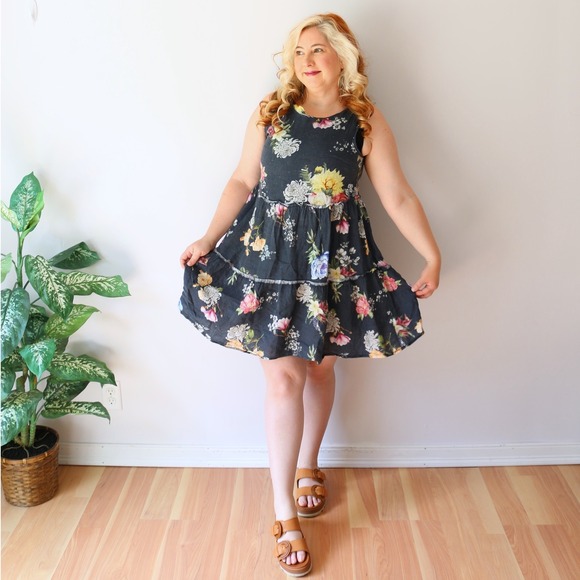 Le Ragazze Dresses & Skirts - Linen Babydoll Dress Navy Floral Tiered Sleeveless Lagenlook Tunic Sundress